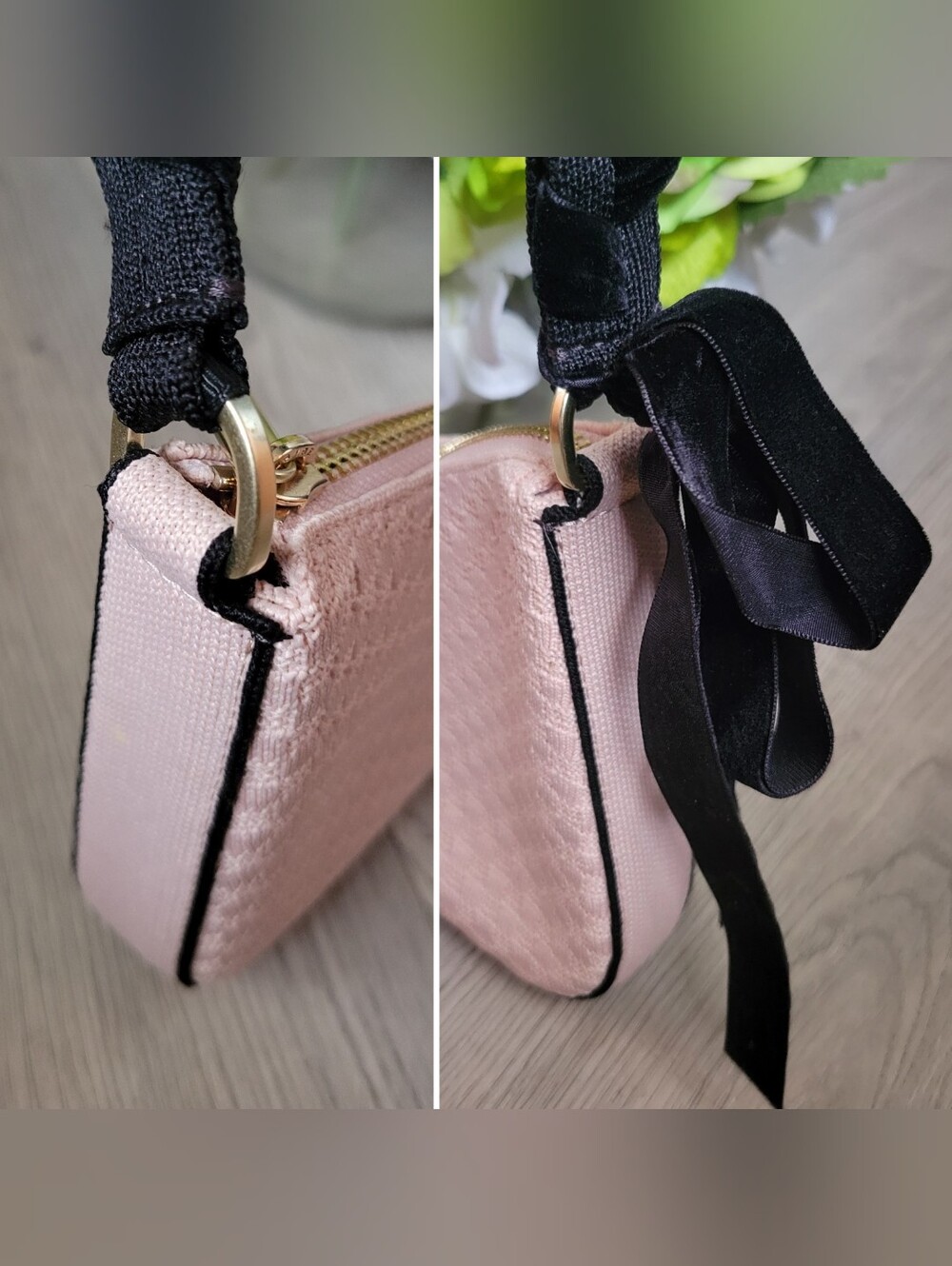 Rothy's The Mini Shoulder Bag in Ballerina Bow Pink & Black Velvet, 13.5" x 10" - Picture 10 of 16